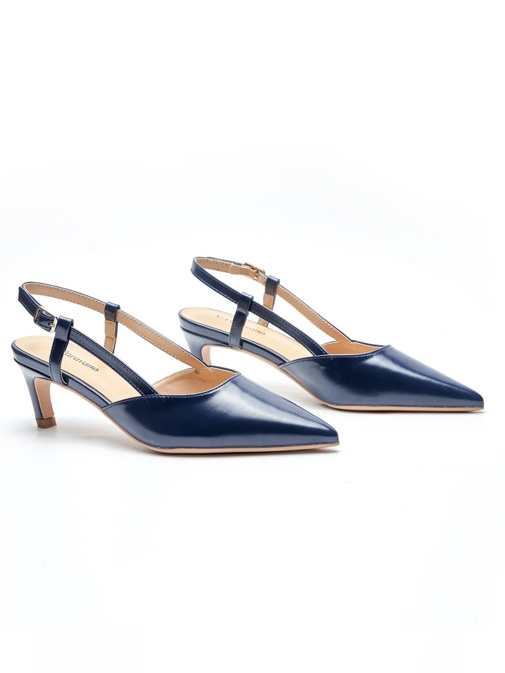 C. Paravano Navy Pointed Toe Slingback Pumps Kitten Heels Size 36 NWOB.